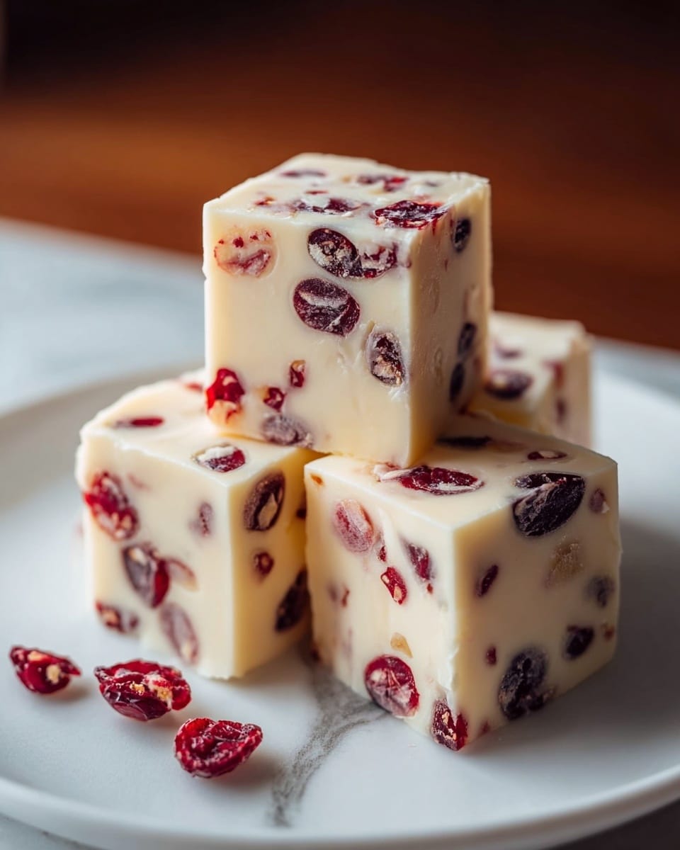 There are four square pieces of creamy white fudge with a smooth and slightly shiny texture, stacked in a pyramid shape on a white plate. Each piece contains many small, deep red dried cranberries scattered evenly inside and on top, giving a speckled look. The plate is on a surface with a white marbled texture, and the background is softly blurred with warm tones. photo taken with an iphone --ar 4:5 --v 7