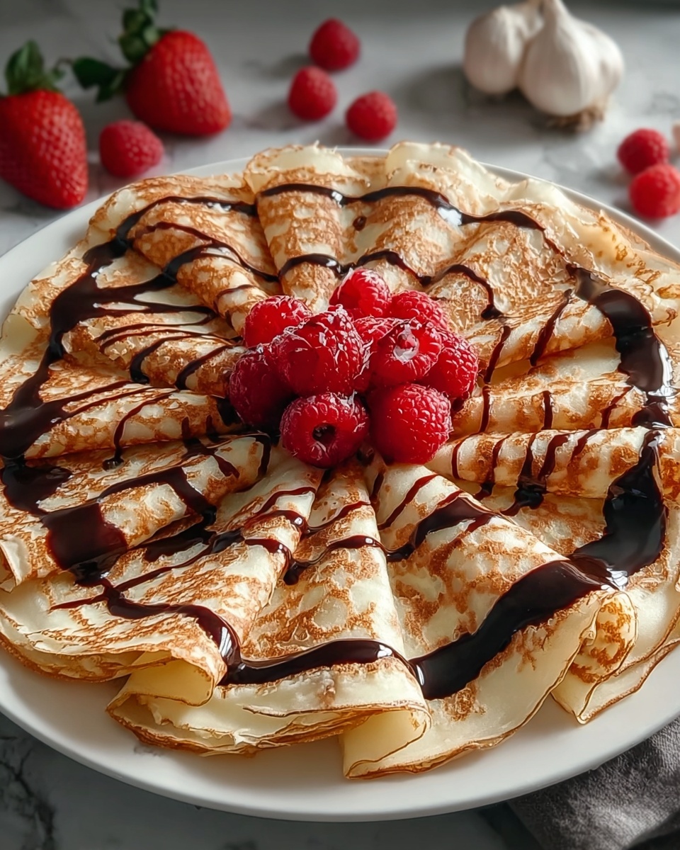 A white plate with a stack of eight folded crepes arranged in a circle, each crepe showing a light golden brown pattern on the surface with soft edges. Dark chocolate sauce is drizzled in thin, uneven lines over each crepe from the outer edge to the center, creating a spider web effect. On top of the stack is a small pile of fresh red raspberries and blackberries, adding bright, rich colors and a textured look. The plate is on a dark gray cloth with a white marbled surface in the background, and some small orange pumpkins and a bunch of dark grapes are blurred in the background for a cozy feel. photo taken with an iphone --ar 4:5 --v 7