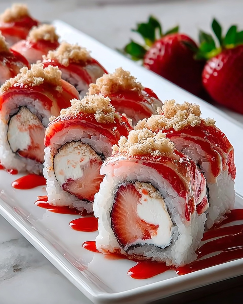 The image shows close-up sushi rolls made with white rice and a dark seaweed layer inside, wrapped around a red and white strawberry center. The rolls are topped with red sauce, white cream-like swirls, and beige crumbly bits scattered on top. The sushi pieces are placed on a white rectangular plate with drops of red sauce around them. The background has a white marbled texture. photo taken with an iphone --ar 4:5 --v 7