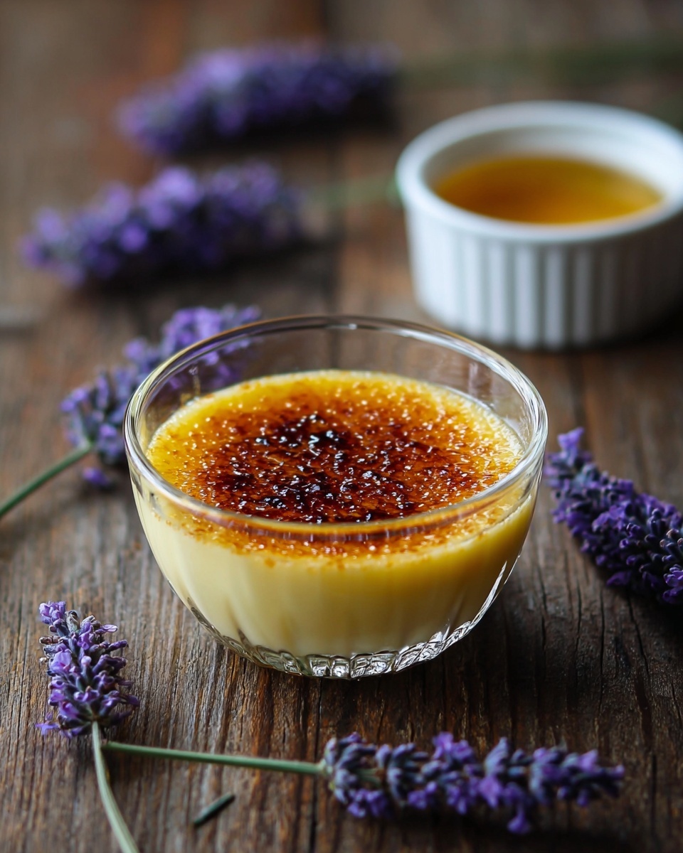 A small clear glass bowl holds a crème brûlée dessert with two layers: a creamy yellow custard base and a shiny, caramelized brown sugar top layer with a slightly uneven texture. The bowl is placed on an old wooden table scattered with several purple lavender flowers and green stems, giving a rustic feel. In the background, out of focus, there is a white ramekin filled with a golden-yellow liquid. The whole scene is warm and softly lit, highlighting the dessert and lavender flowers. photo taken with an iphone --ar 4:5 --v 7