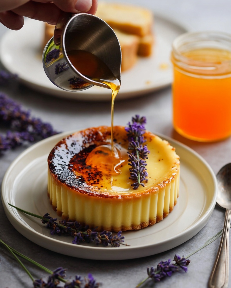 A round dessert tart with a smooth creamy yellow custard filling and a golden brown, slightly burnt caramelized top on one side, sitting on a white plate. A drizzle of golden syrup falls from a shiny metal container held by a woman's hand onto the tart, pooling in the middle. Small purple lavender flowers with stems are placed on and around the tart. In the background, on a white plate, there is a small piece of light brown cake and part of a similar dessert tart. To the right, a glass jar filled with bright orange honey or sauce sits next to a silver spoon on a white marbled surface photo taken with an iphone --ar 4:5 --v 7