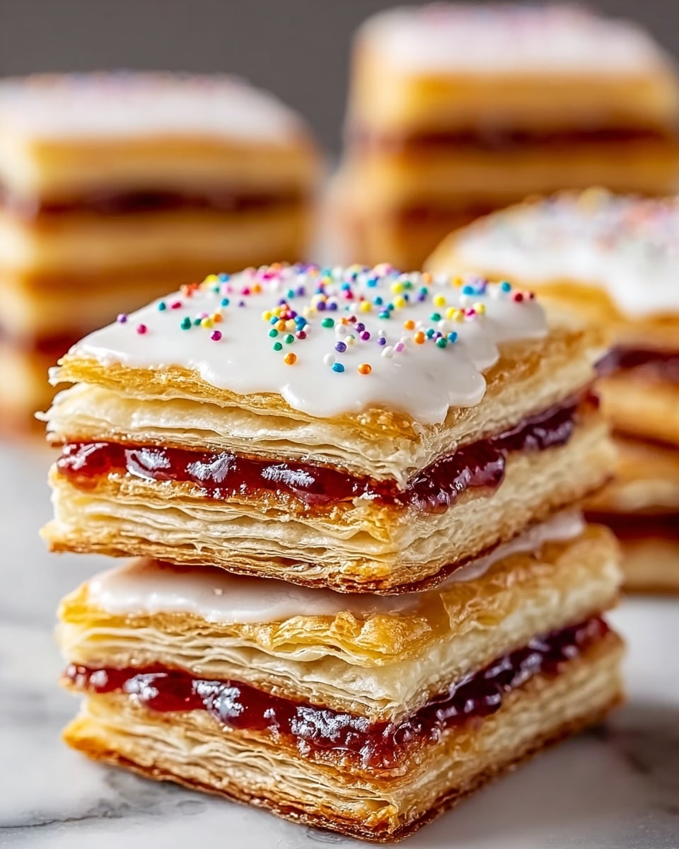 The image shows a stack of three square pastry layers. Each layer is golden brown and flaky, with a smooth white icing on top sprinkled with small red and white toppings. Between each pastry layer, there is a spread of dark red jam that looks glossy and thick. The stack is placed on a white marbled surface with other blurred stacks in the background, focusing on the texture of the flaky pastry and shiny jam. photo taken with an iphone --ar 4:5 --v 7