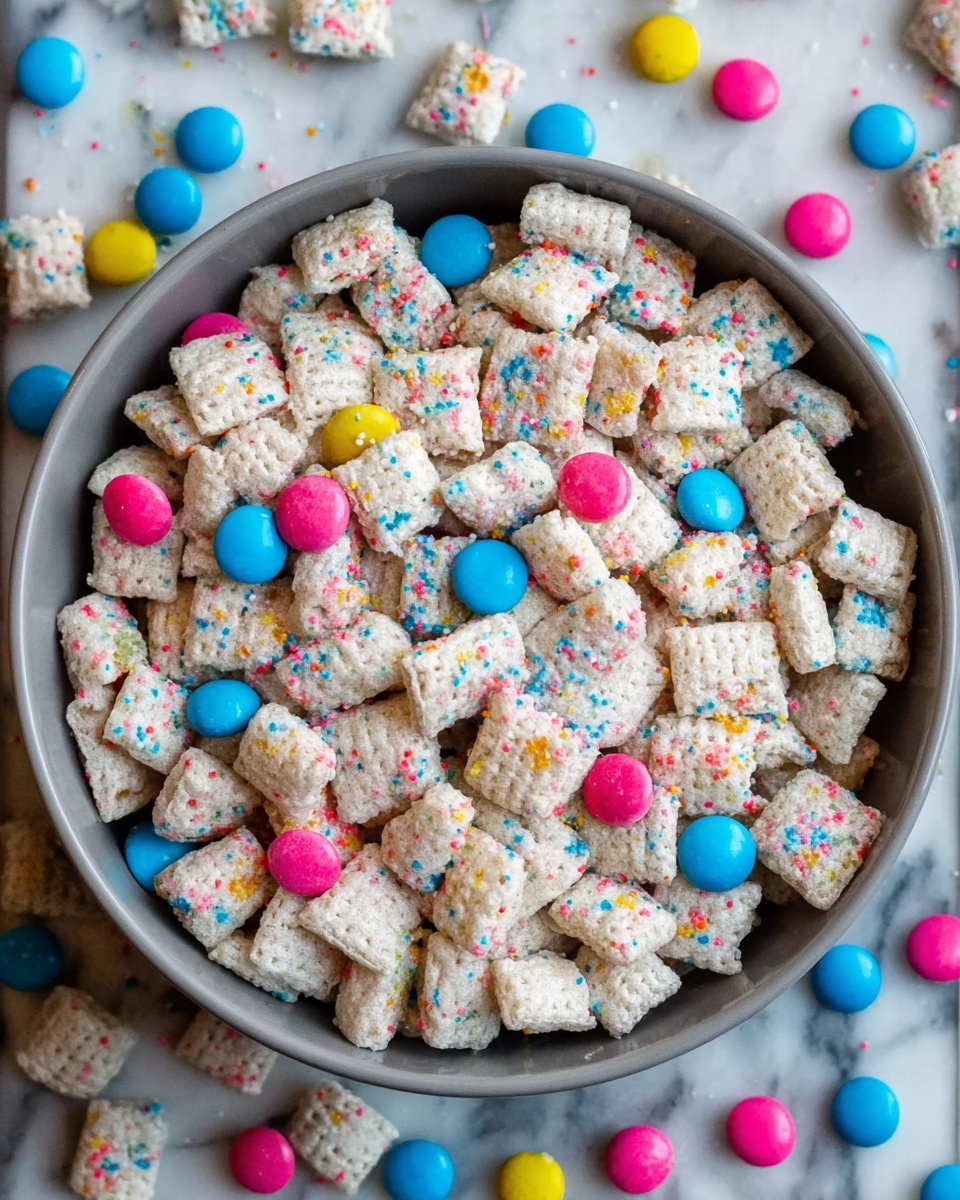 A grey bowl is filled with many small square cereal pieces that are white with colorful round sprinkles on them in pink, blue, yellow, and orange. Scattered inside the bowl and around it are round candy pieces in bright blue, pink, and yellow colors. The bowl is placed on a white marbled surface. photo taken with an iphone --ar 4:5 --v 7
