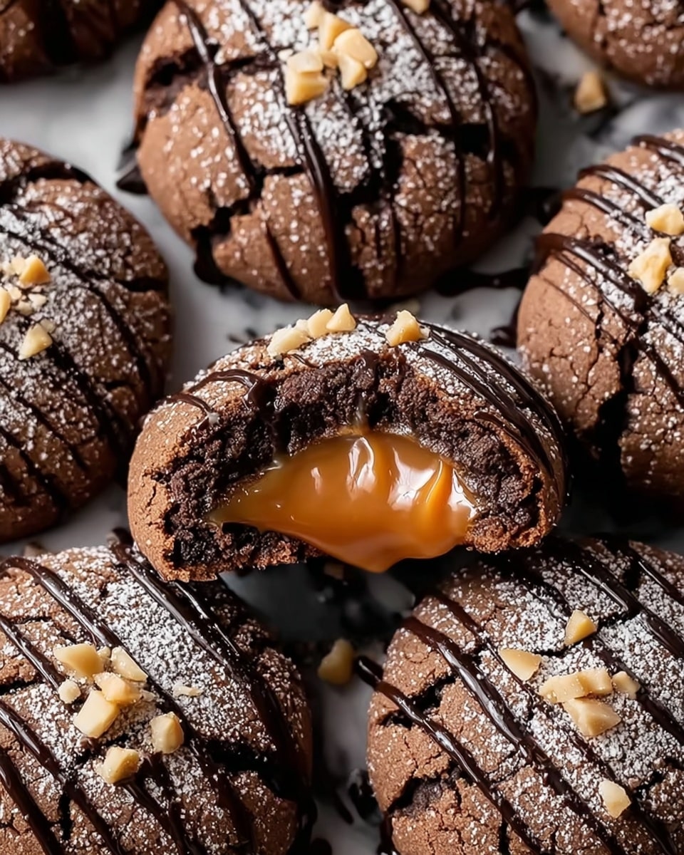 The image shows a close-up of chocolate-covered treats on a white plate with a white marbled surface. Each treat has three main layers: a smooth, shiny dark chocolate outer shell with thin chocolate drizzle on top; a soft, moist dark chocolate cookie base beneath the chocolate shell; and a thick, creamy caramel filling in the center with a glossy texture. Some treats are whole, while closely placed others are cut open, revealing the caramel inside. A light dusting of white powdered sugar is sprinkled over the treats and a few crumbs are scattered around on the plate. The background is softly blurred with more of the treats visible. Photo taken with an iphone --ar 4:5 --v 7