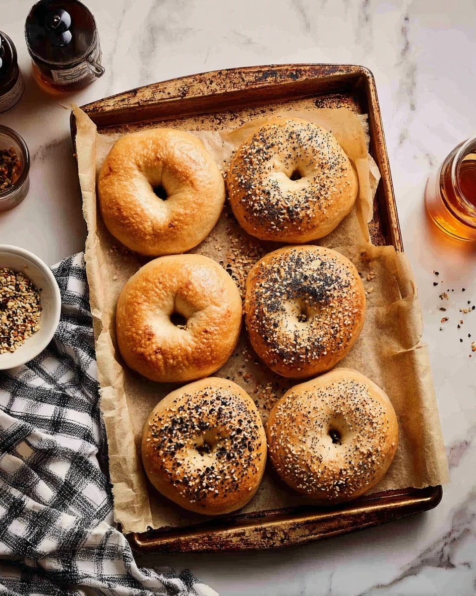 Eight bagels with golden brown tops sit on a baking tray lined with parchment paper. Four of the bagels are plain with smooth, slightly cracked surfaces, while the other four are sprinkled with a mix of black and white seeds and coarse salt, giving them a textured look. The tray rests on a white marbled surface with a checked cloth in one corner. Nearby, a small white bowl contains more seed mixture, and a bottle with amber liquid along with a dark-colored container are partly visible in the background. The photo taken with an iphone --ar 4:5 --v 7