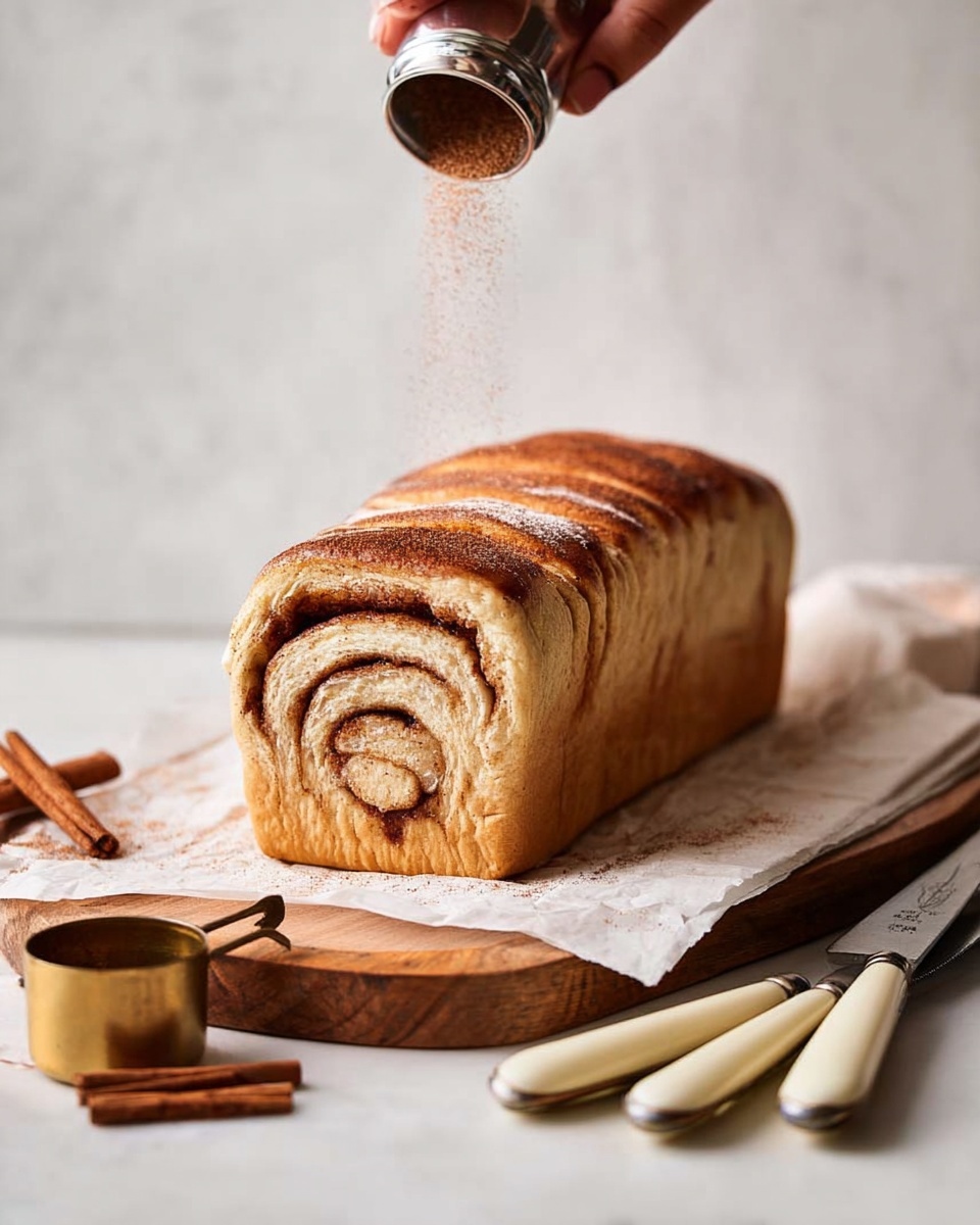 A loaf of cinnamon swirl bread with a golden-brown top layer, showing a spiral pattern of cinnamon filling inside the light tan dough. The bread sits on white parchment paper on a wooden board, with a woman's hand sprinkling cinnamon powder from a metal shaker above it. There are cinnamon sticks and a small golden measuring cup to the side, with two vintage-style cream-handled utensils resting near the bread. The background and surface are white marble texture, bright and clean. photo taken with an iphone --ar 4:5 --v 7