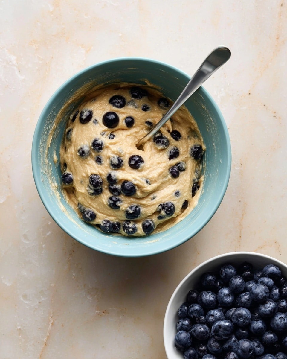 A pale blue bowl filled with light beige batter mixed with dark blue blueberries is centered in the image. There is a silver spoon partly dipped in the batter resting inside the bowl. To the right and slightly below, there is a white bowl full of fresh, plump blueberries. The background is a soft white marbled texture. photo taken with an iphone --ar 4:5 --v 7