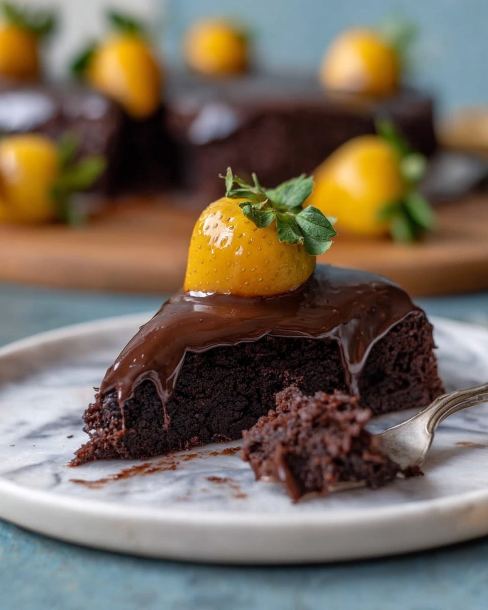 A rustic rectangular baking dish lined with white parchment paper holds a thick, shiny layer of dark brown chocolate batter spread evenly inside. The dish is placed on a white marbled surface with light powdery cocoa scattered around it. In the top left corner, part of a white bowl with dark chocolate smears and a wooden spoon resting inside is visible. Photo taken with an iphone --ar 4:5 --v 7