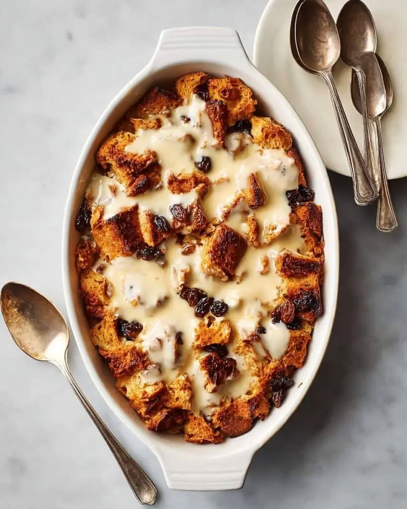 Homemade Bread Pudding with Rum-Soaked Raisins and Vanilla Custard Recipe