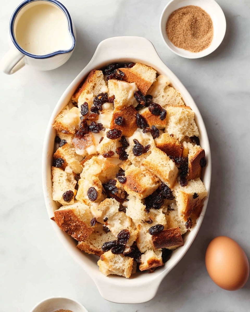 The image shows a white oval baking dish filled with roughly torn chunks of light golden bread mixed with dark raisins scattered evenly all over. The bread pieces have a soft and fluffy texture with some edges slightly toasted. The dish is placed on a white marbled surface with a small white bowl of brown sugar or cinnamon powder near the top right and a white pitcher of cream with a blue rim on the top left. At the bottom right of the frame, a single whole brown egg is visible. The composition is clean and bright, focusing on the bread and raisin layers in the dish. Photo taken with an iphone --ar 4:5 --v 7
