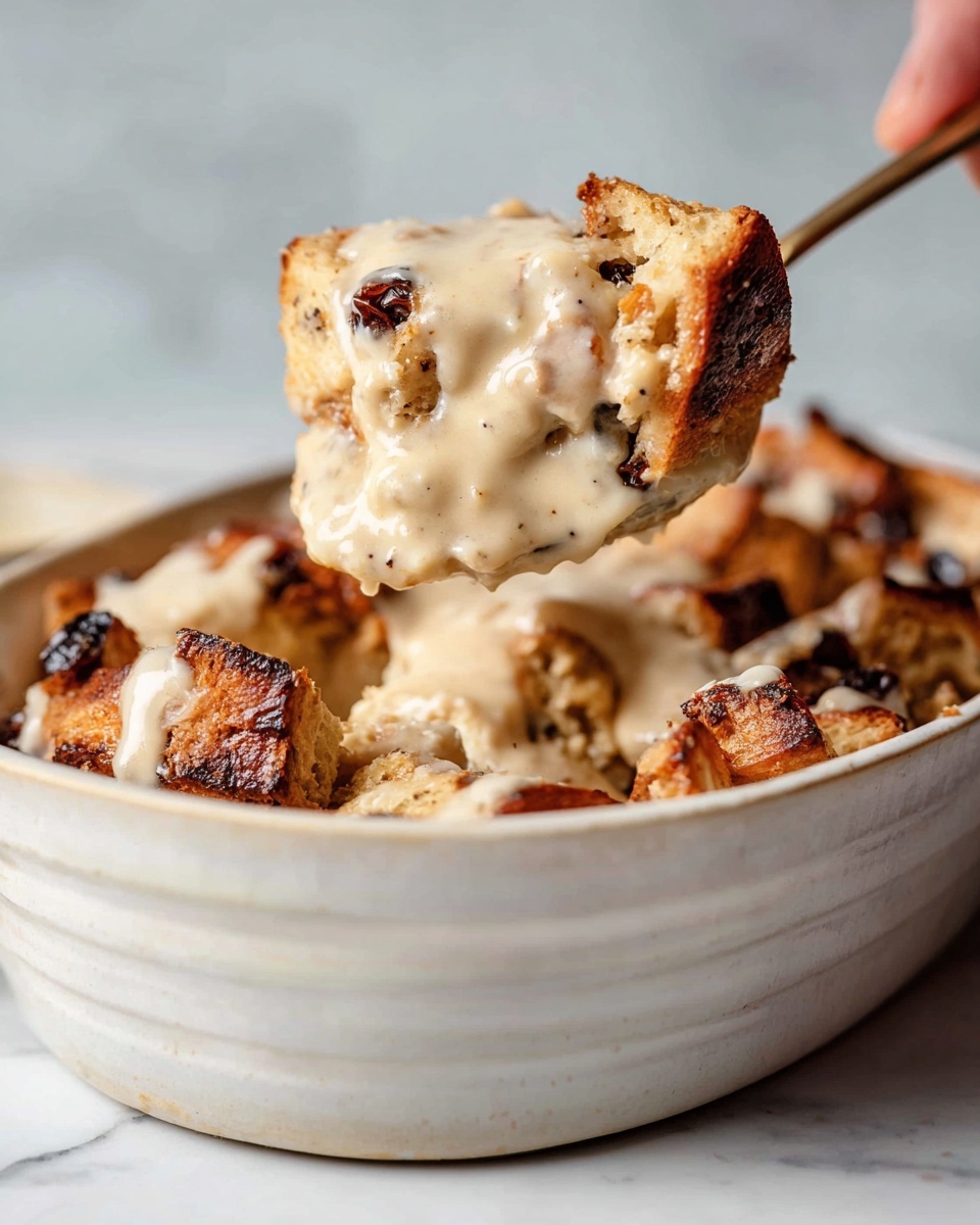 A white oval baking dish filled with a bread pudding that has a golden-brown crust with scattered darker toasted spots, topped with a creamy light beige sauce that covers parts of the bread chunks unevenly, showing some raisins embedded in the bread. The dish sits on a white marbled surface with a large silver spoon placed to the lower right and a white oval plate holding two smaller silver spoons to the upper right, all slightly worn and reflecting soft light. photo taken with an iphone --ar 4:5 --v 7