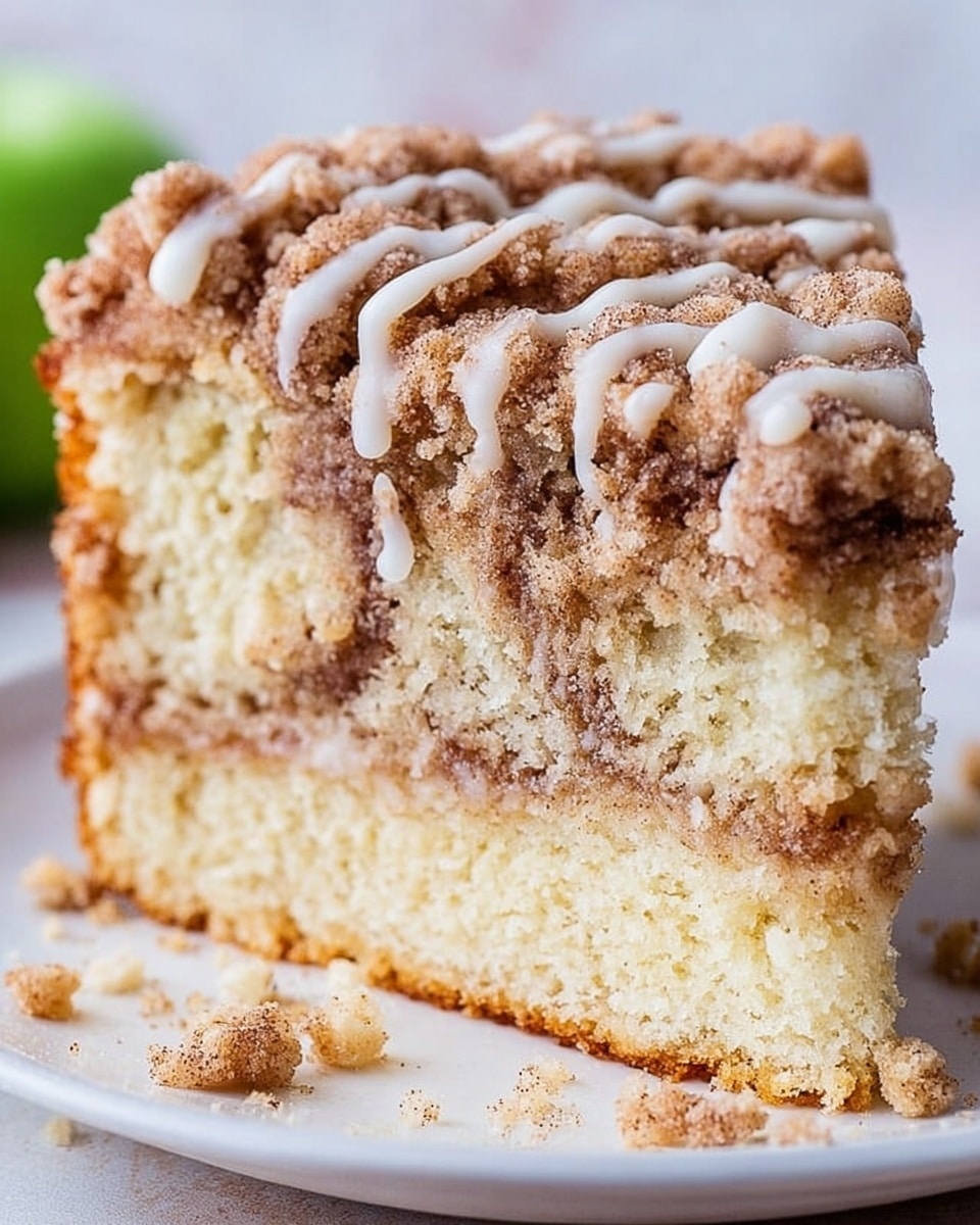 A close-up view of a slice of crumb cake placed on a white plate with a white marbled background. The cake has three main layers: at the bottom, a light golden-yellow cake base that looks soft and dense; above it, a middle layer with swirls of cinnamon and sugar creating a textured, slightly darker pattern; on top, a thick, crumbly layer of cinnamon streusel with small and large crumbs in light and dark brown shades. A white icing drizzle runs over the crumb topping, adding a smooth contrast to the rough texture. Some crumbs are scattered on the plate around the cake. Photo taken with an iphone --ar 4:5 --v 7