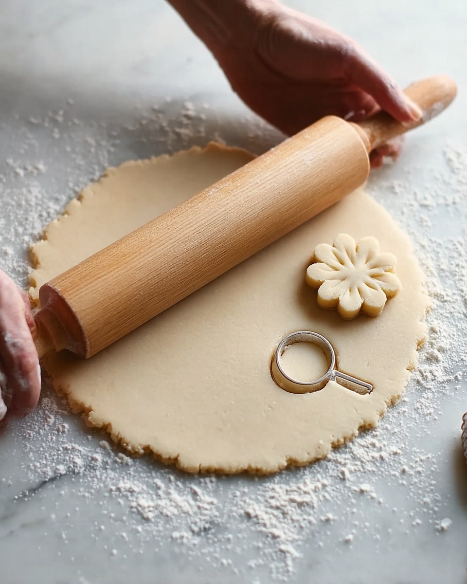 A smooth round layer of light beige dough, rolled thinly on a white marbled surface dusted with white flour, with a small cookie cutter shaped like a magnifying glass pressed into the dough near the center, and a flower-shaped cookie on the side. Two woman's hands hold a wooden rolling pin, rolling out the dough evenly from the top corners with a soft natural light glowing on the dough and flour photo taken with an iphone --ar 4:5 --v 7