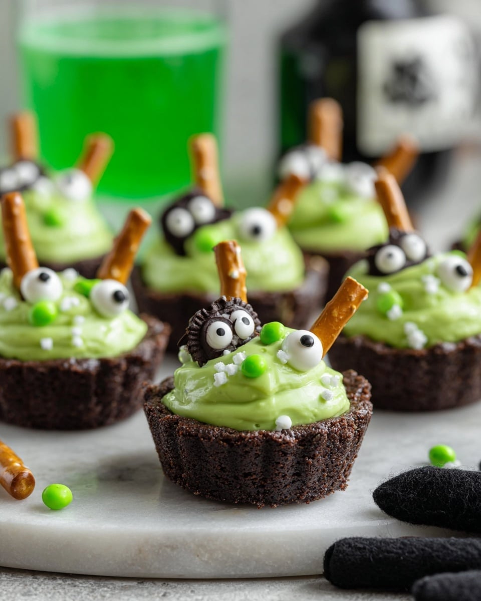 The image shows several small dark brown chocolate tart cups as the bottom layer, each filled with a bright green creamy frosting on top. The frosting is decorated with small white candy shapes including skulls and eyeballs, as well as some round green and white sprinkles scattered throughout. Each tart has a light tan pretzel stick standing upright in the frosting near the center. The tarts are placed on a white marbled surface with a blurry green drink and a black and white bottle in the background. A woman's hand wearing a black glove is partially visible in the lower right corner. Photo taken with an iphone --ar 4:5 --v 7
