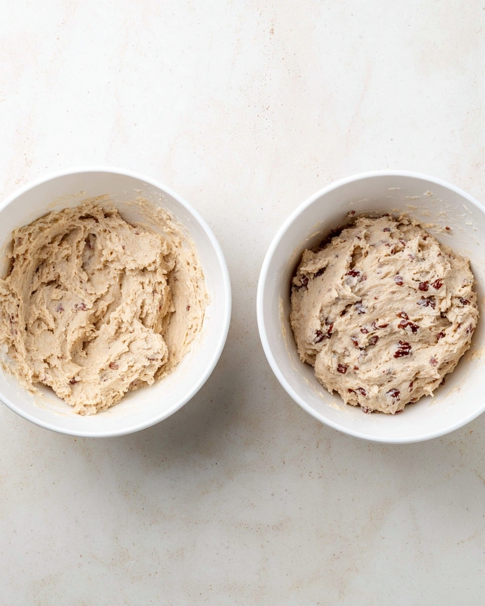 Two white bowls sit side by side on a white marbled surface, each filled with a rough, thick dough. The left bowl holds plain dough with a beige color and a slightly uneven, wet texture. The right bowl contains similar dough but mixed with small dark red-brown chunks that create a speckled effect throughout. Both bowls show dough sticking slightly to the sides but remain mostly centered. Photo taken with an iphone --ar 4:5 --v 7