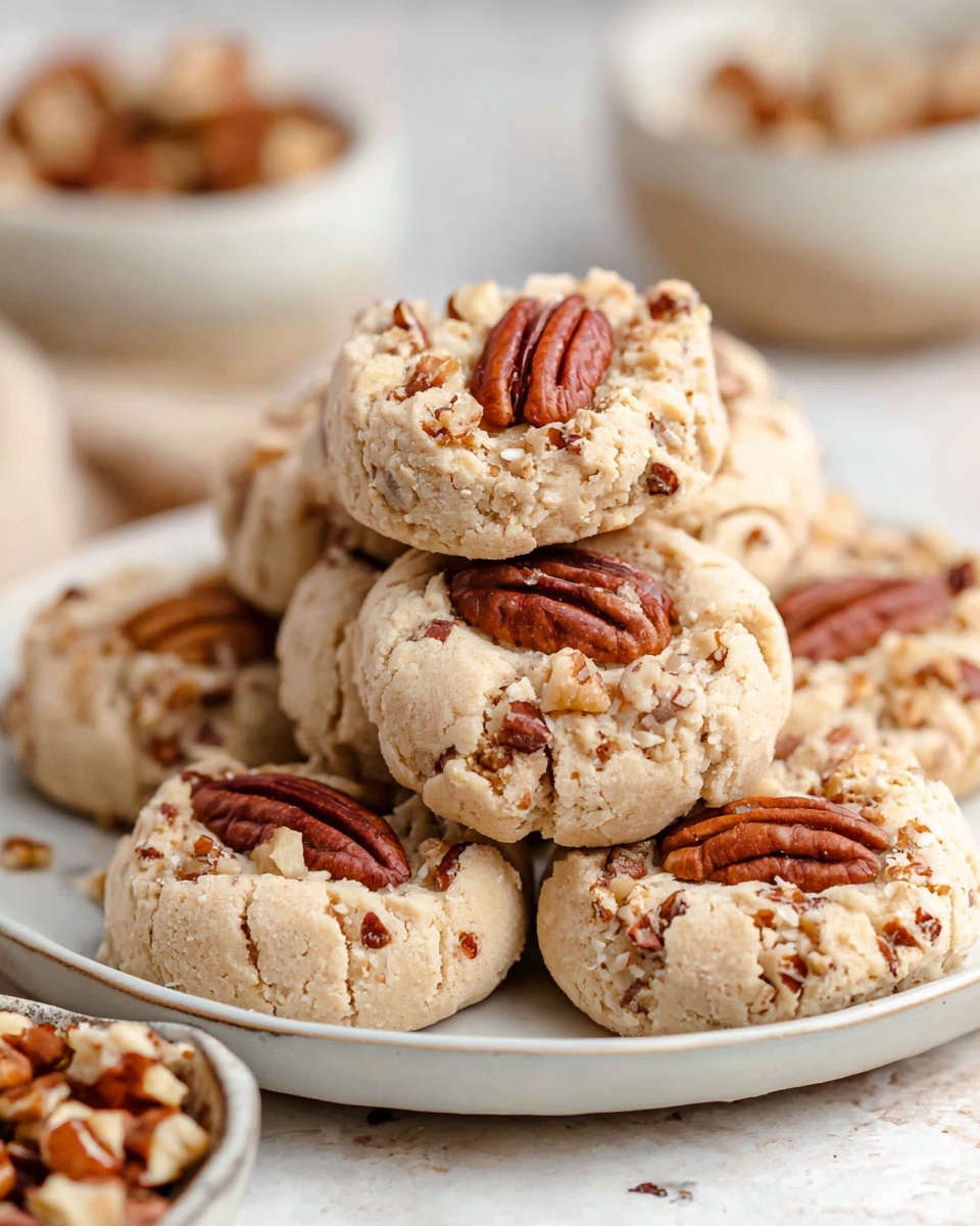 The image shows a stack of round, light beige pecan cookies with a slightly crumbly texture. Each cookie features a whole pecan pressed into the center and chopped pecan pieces mixed throughout the dough. The cookies are piled on a simple white plate, sitting on a white marbled surface. Around the main plate, blurred small white bowls hold more pecans and chopped nuts, adding a rustic, warm feel. The photo captures the detail and texture of the cookies closely, showing rough edges and the crunchy nuts embedded in the soft dough, photo taken with an iphone --ar 4:5 --v 7