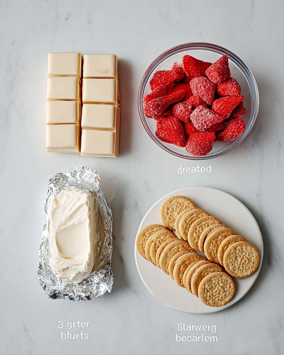 The image shows four ingredients arranged on a white marbled surface. At the top left is a block of creamy white almond bark divided into four pieces. To the right of it, there is a clear glass bowl filled with bright red freeze dried strawberries, showing a crunchy texture. Below the almond bark, an opened foil package reveals a block of smooth, creamy white cream cheese. At the bottom right, a white plate is neatly arranged with two rows of golden Oreos, their lighter tan color and round shape clearly visible. Photo taken with an iphone --ar 4:5 --v 7