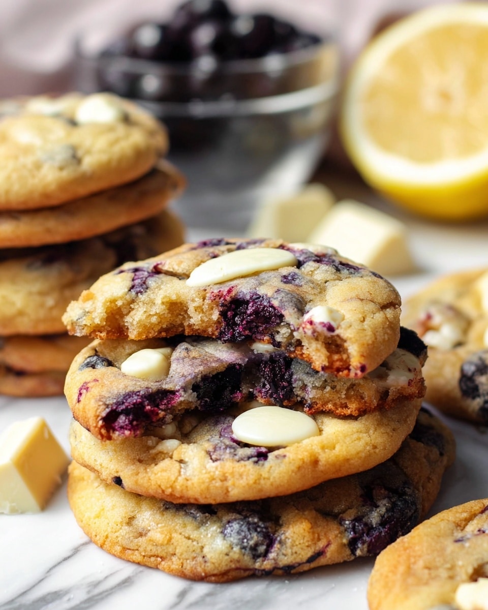 A close view of several golden-brown cookies with purple blueberry spots and white chocolate chunks on top, showing soft and slightly crispy textures. The cookies are stacked with one broken piece on top revealing a soft inside with blueberries and white chocolate in each bite. In the background, there is a white marbled surface with a glass bowl of dark blueberries and some white chocolate pieces beside a lemon slice. Photo taken with an iphone --ar 4:5 --v 7
