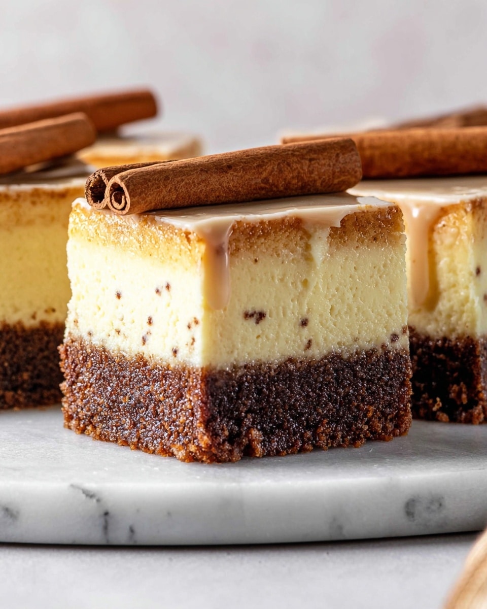 The image shows a close-up of three square layered dessert pieces on a white marbled surface, each with three distinct layers: a thick, dark brown crumbly base, a middle creamy yellow layer with visible tiny dark specks, and a shiny light beige topping that slightly drips down the sides. On top of the center dessert piece, two cinnamon sticks rest, giving a rustic touch. The background is soft and blurred, focusing attention on the textured dessert layers and cinnamon sticks. Photo taken with an iphone --ar 4:5 --v 7