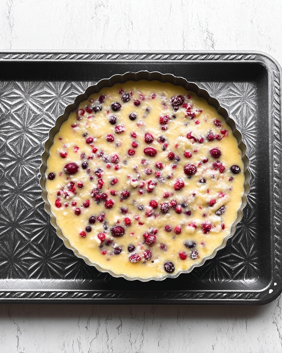A round tart pan filled with raw light yellow batter mixed with small red and dark purple berries scattered evenly throughout. The tart pan sits on a dark gray textured baking tray that has a pattern of raised diamonds and scalloped edges. The background features a white marbled surface. Photo taken with an iphone --ar 4:5 --v 7