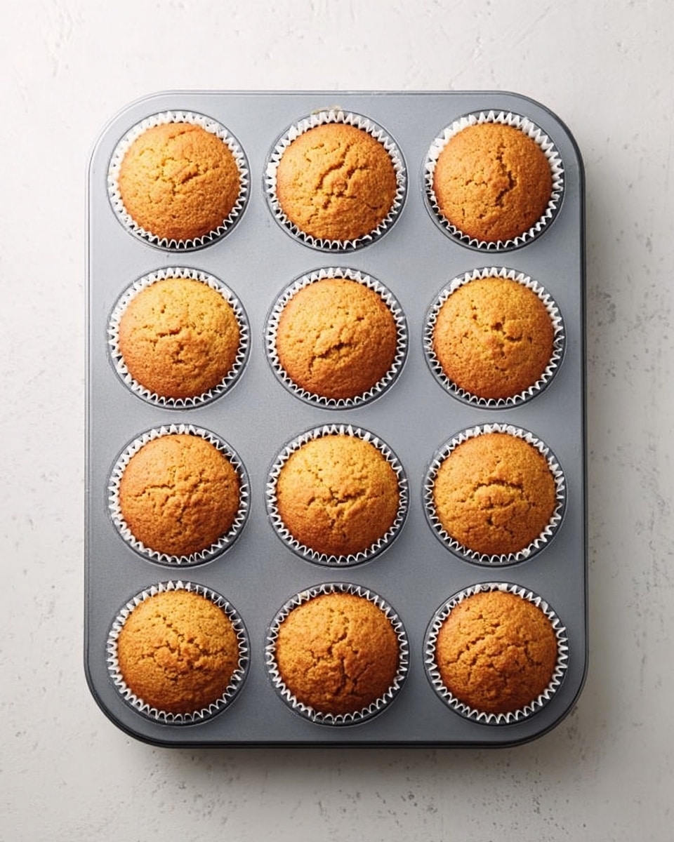 A gray metal muffin tray holds twelve golden brown cupcakes in white paper liners, each cupcake having a slightly domed and textured top with small cracks. The tray is placed on a white marbled surface, and the lighting highlights the even baking and warm color of the cupcakes. photo taken with an iphone --ar 4:5 --v 7