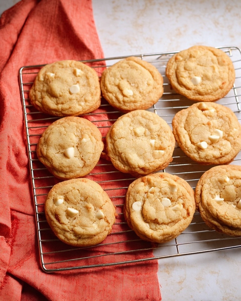 Several round, golden-brown cookies with small white chocolate chips are placed closely together on a silver cooling rack. The cookies have a slightly cracked surface and soft texture with lightly browned edges. A folded, coral-red cloth is placed to the left side of the rack. The scene is set on a white marbled textured surface. photo taken with an iphone --ar 4:5 --v 7