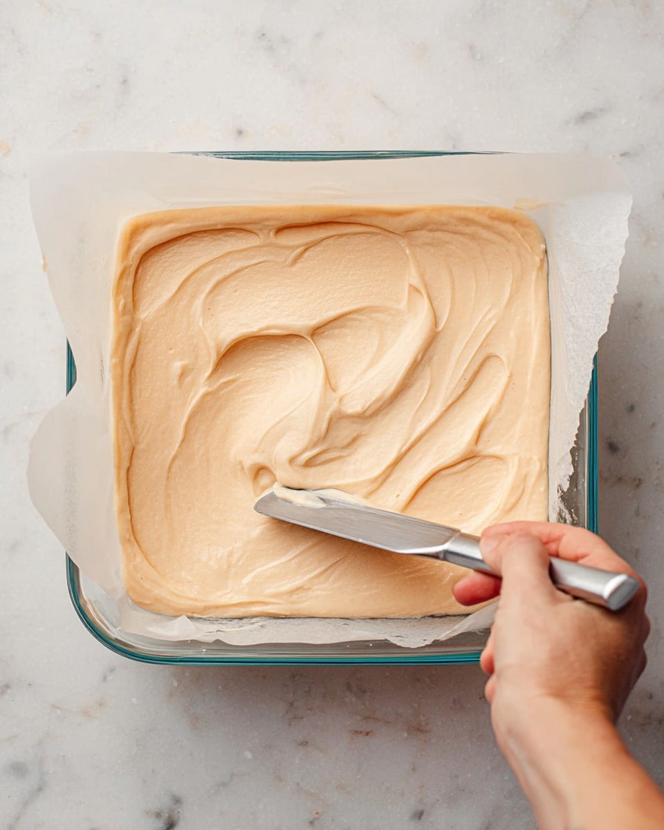The image shows a clear square glass dish lined with parchment paper, filled with a creamy, smooth layer of light peach-colored mixture being spread evenly with a metal spatula. A woman's hand holds the spatula, gently smoothing the top layer. The dish rests on a white marbled surface that adds a soft, bright background. The texture of the mixture looks thick and soft, with slight swirls from the spatula's motion. photo taken with an iphone --ar 4:5 --v 7