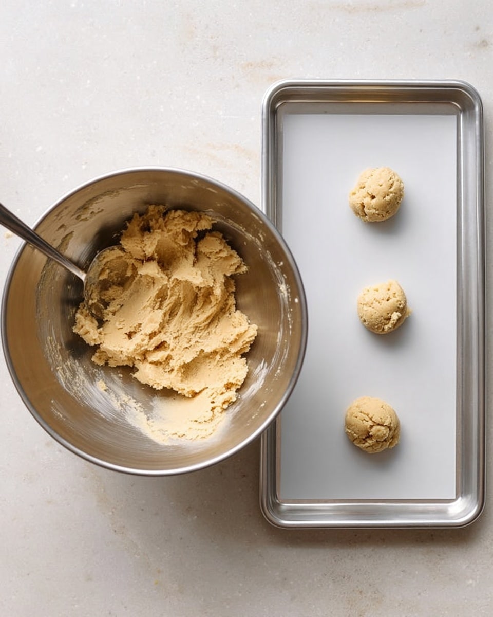 The image shows a silver mixing bowl on the left filled with light beige cookie dough, with texture smooth but thick, and a metal spoon resting inside it. On the right, a white baking tray holds four small round scoops of the same dough, spaced apart evenly on the tray's silver surface. Both items are placed on a white marbled surface, adding a clean and simple look. photo taken with an iphone --ar 4:5 --v 7