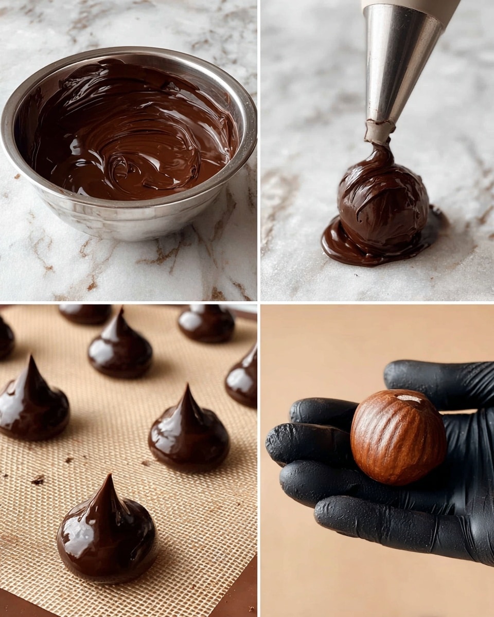 The image shows four steps of making chocolate-covered treats against a white marbled background. In the first step, a shiny silver bowl holds smooth, dark brown melted chocolate, filling about half the bowl. The second step shows a piping bag with chocolate from the top, a tip close to a round hazelnut on a textured beige mat, ready to coat it. The third step shows several dark brown chocolate dollops with glossy, pointed tops arranged on the same beige mat. The last step features a black-gloved woman's hand holding a shiny, smooth dark brown chocolate ball, round and well-formed, with the beige mat visible in the background. Photo taken with an iphone --ar 4:5 --v 7