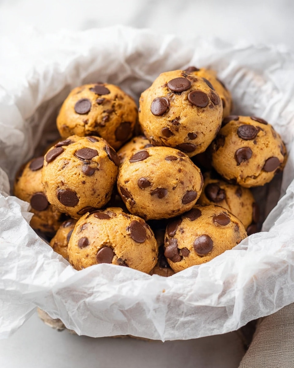 A basket lined with crinkled white parchment paper is filled with round, golden-brown cookie dough balls studded generously with large dark brown chocolate chips, each dough ball showing a rough texture and slightly uneven shapes. The cookie dough balls are piled closely, creating a cozy cluster with a warm, baked appearance. The basket is placed on a white marbled surface. photo taken with an iphone --ar 4:5 --v 7