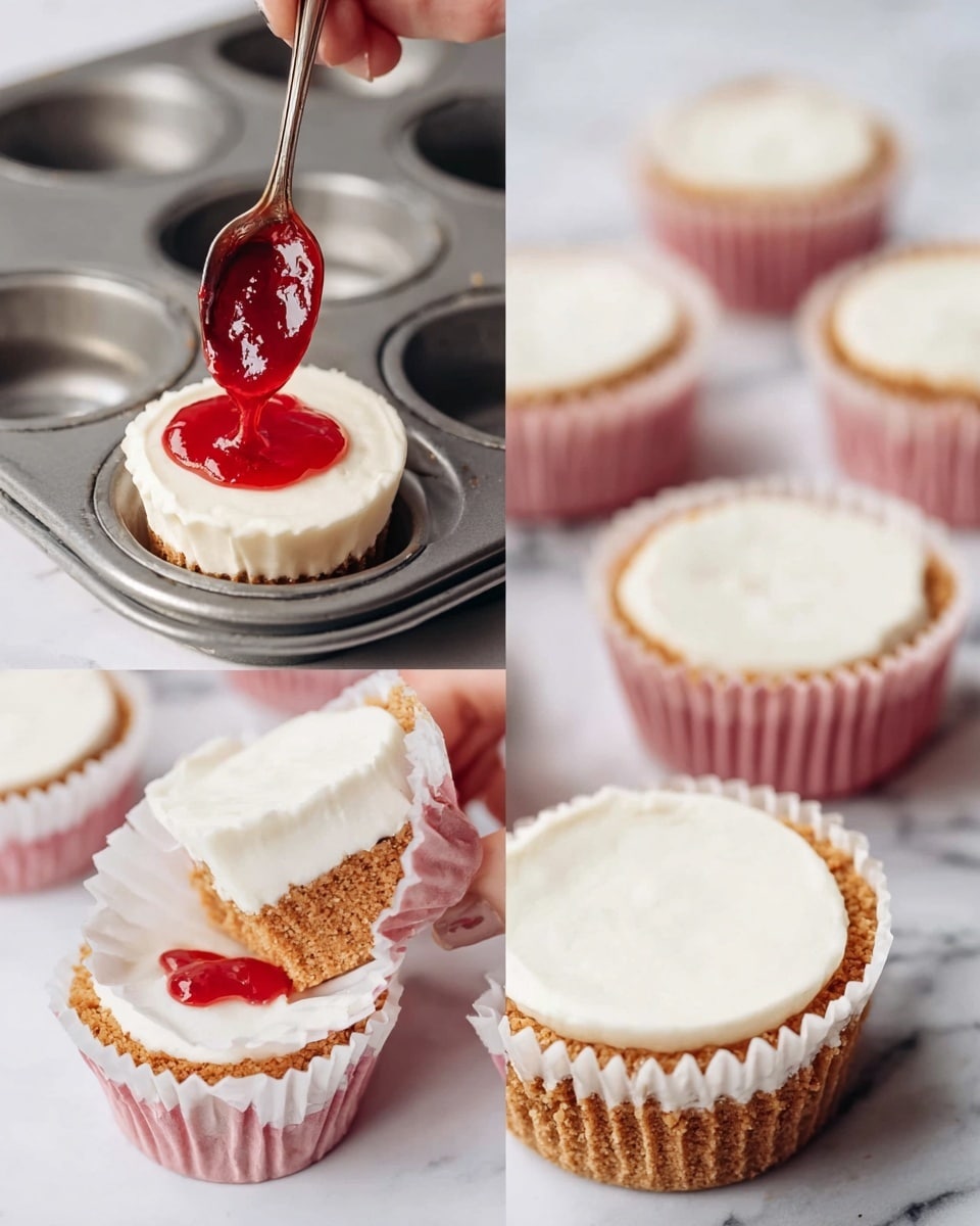 The image shows a small dessert with three layers: a bottom layer of crumbly golden brown crust, a thick middle layer of smooth white cream filling, and on top, a spoon with bright red jam being added. The dessert is in a white paper liner with a pink hue, sitting on a white marbled surface. The cream filling looks soft and creamy, while the jam is shiny and thick. Some desserts are still in a metal cupcake tray lined with white paper liners, filled with the cream layer. A woman's hand is gently peeling back the paper liner from one dessert, revealing the neat layers. photo taken with an iphone --ar 4:5 --v 7