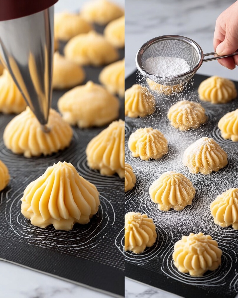The image shows two views of soft yellow dough shaped into round, swirled mounds with ridged edges and a slightly pointed center, being piped onto a black silicone baking mat with white circles. The left side focuses on a woman's hand pressing the dough from a piping bag with a star-shaped metal tip onto the mat. On the right side, several dough shapes are arranged in neat rows, some being sprinkled with white powder, likely flour or sugar, from a small metal sieve held by a woman's hand. The contrast between the smooth, creamy dough and the textured mat, along with the soft light, highlight the delicate details of each swirl. The background is a white marbled texture. photo taken with an iphone --ar 4:5 --v 7
