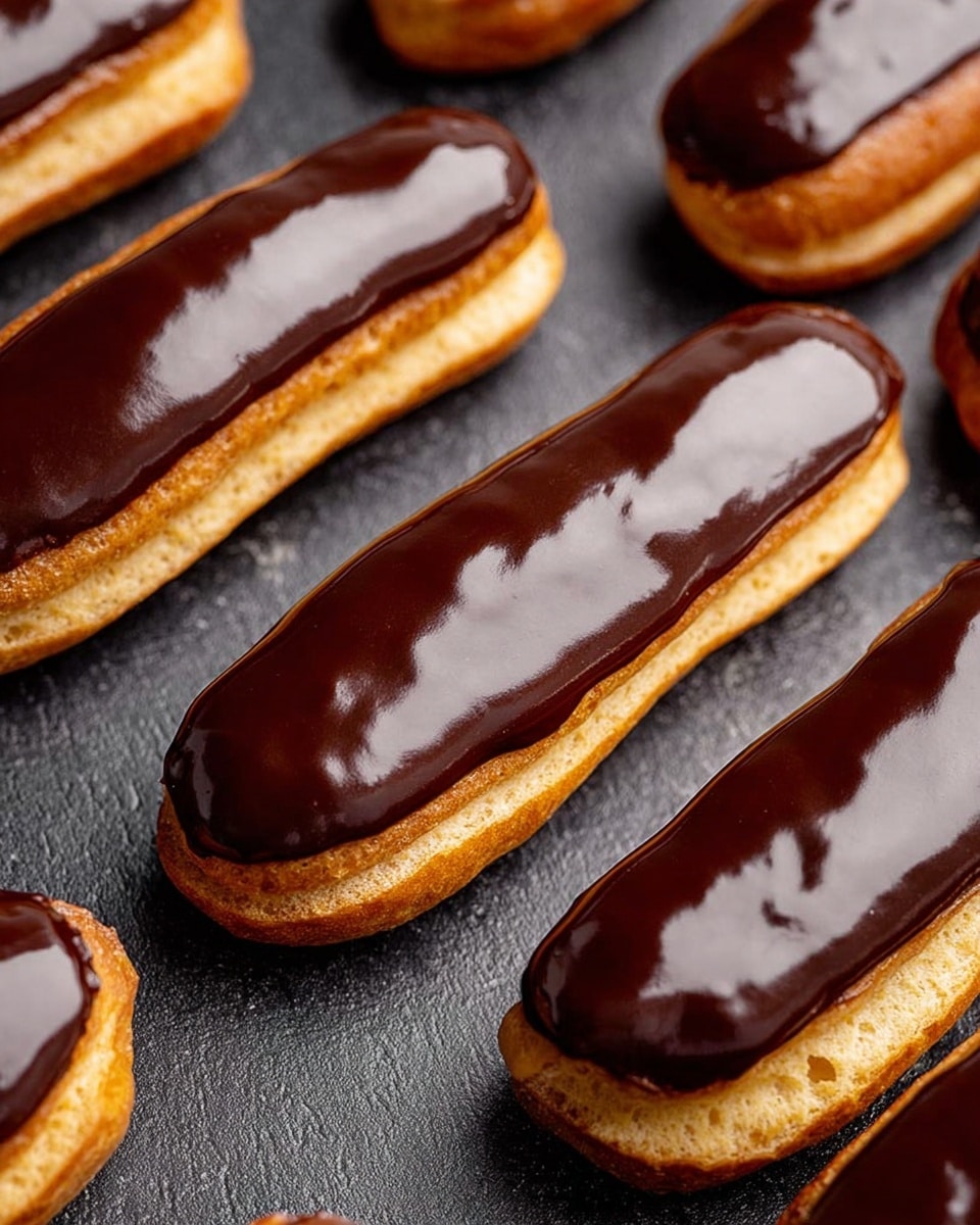The image shows several éclairs placed closely on a dark, textured surface. Each éclair has two visible layers: a golden light brown pastry base with a slightly uneven texture, and a smooth, glossy dark chocolate glaze covering the top. The glaze has a shiny appearance, reflecting light, which gives it a fresh, moist look. The éclairs are arranged in a diagonal line, filling the frame with a close-up view. photo taken with an iphone --ar 4:5 --v 7