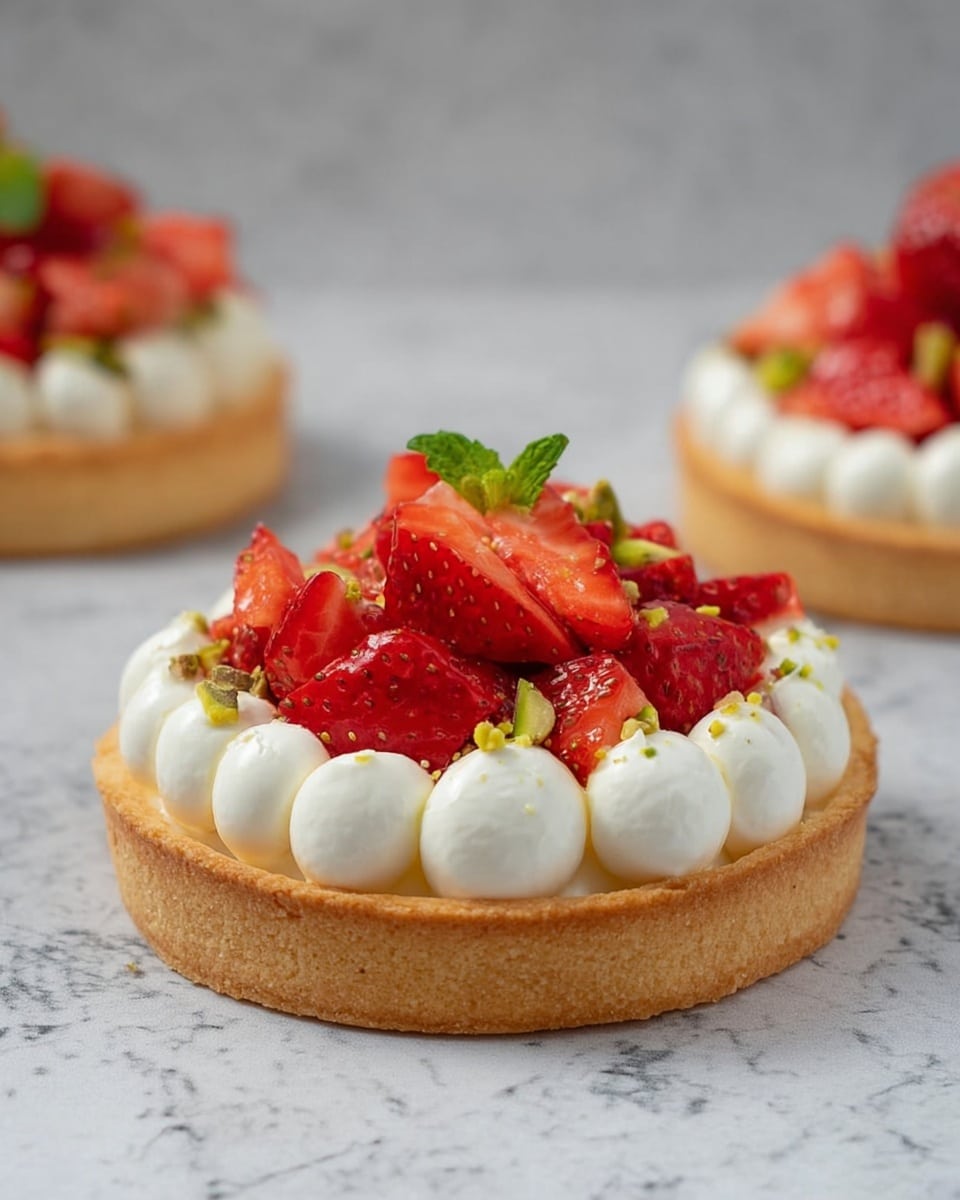 The image shows a round tart with a golden brown crust as the base. On top of the crust, there is a ring of white cream piped in soft, round dollops around the edge. Inside the cream ring, there are bright red, fresh strawberry pieces cut into small chunks, piled in the center. A few small green pistachio bits and a single green mint leaf are scattered on the strawberries, adding a touch of color. The tart is placed on a white marbled surface with two more similar tarts partially visible in the background. photo taken with an iphone --ar 4:5 --v 7