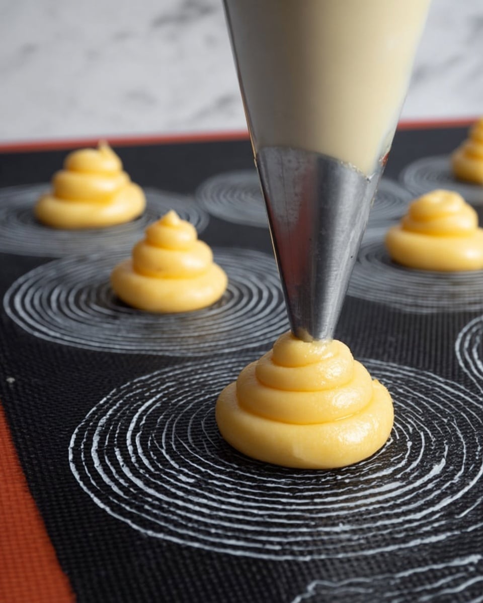 A close-up view of a piping bag with a metal tip squeezing smooth, pale yellow dough in a circular swirl shape on a black baking mat with white concentric circles; around it are several similar small swirls of dough placed evenly across the mat; the background shows a white marbled surface. photo taken with an iphone --ar 4:5 --v 7