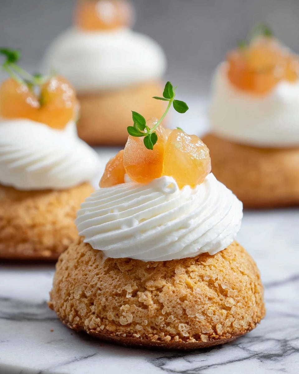 A small round pastry with a rough, golden-brown textured base, topped with a thick layer of smooth white cream swirled generously in the middle, crowned with small pieces of translucent, pale yellow-orange fruit and a tiny green herb sprig for garnish, all placed on a white marbled surface with two similar pastries blurred in the background, photo taken with an iphone --ar 4:5 --v 7