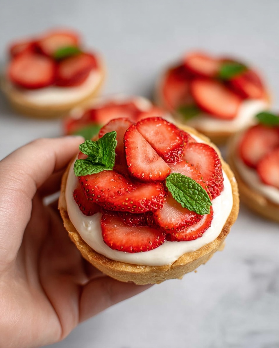 A woman's hand is holding a small round tart with a golden-brown crust as the base layer. On top of the crust, there is a smooth, white creamy layer completely covering it. The final layer is made of fresh, sliced strawberries arranged in a circle, showing their bright red color and juicy texture. Small green mint leaves are placed between the strawberry slices for a fresh touch. More tarts with similar layers of strawberries and mint leaves are placed on a white marbled surface in the background. Photo taken with an iphone --ar 4:5 --v 7