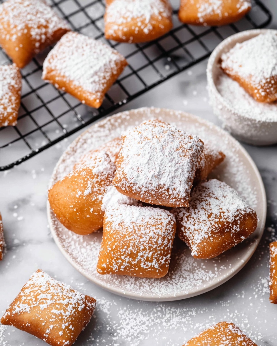 The image shows a stack of golden brown, square-shaped doughnuts with a soft, airy texture inside, lightly dusted with white powdered sugar on top. One doughnut is broken in half and placed on top of the stack, revealing its fluffy interior. The doughnuts sit on white ceramic plates layered on top of each other, resting on a beige cloth on a white marbled surface. In the background, there is a white bowl holding more doughnuts and a silver sifter slightly blurred, with more doughnuts scattered around on the white marbled surface. photo taken with an iphone --ar 4:5 --v 7
