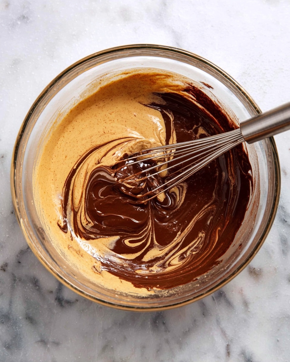 A clear glass bowl holds a mixture with two main layers swirling together: a light tan creamy layer and a thick dark brown chocolate layer, creating a marbled effect. A metal whisk rests in the bowl, partly coated with both colors mixing smoothly. The bowl sits on a white marbled surface, and the image is captured from above showing the texture of the creamy mix blending with the rich chocolate. photo taken with an iphone --ar 4:5 --v 7