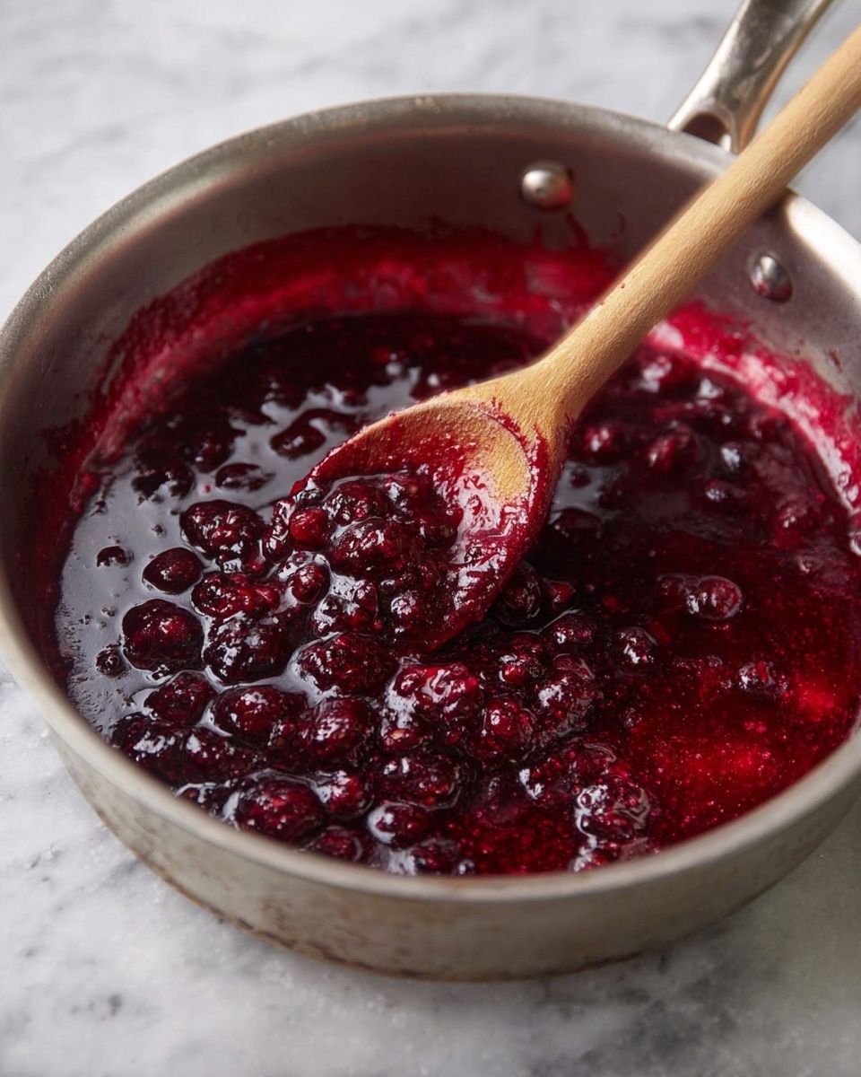A close-up of a metal pan filled with thick, dark red berry sauce with visible whole berries and a slightly glossy texture, being stirred by a wooden spoon placed inside the sauce, set on a white marbled surface. The sauce has a rich, chunky consistency with splashes of sauce around the pan edges. Photo taken with an iphone --ar 4:5 --v 7