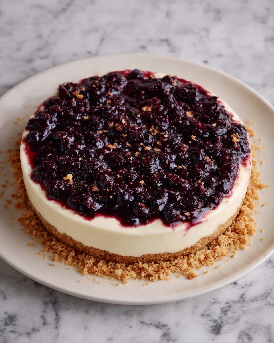 A round dessert with three layers sits on a white plate with a crumbly edge of crushed light brown crumbs. The bottom layer is smooth and creamy, off-white in color, covering the base inside the crumb border. On top, there is a thick, uneven layer of dark purple berry topping with visible seeds and small bits, spread across the creamy layer. The background surface is a white marbled texture. photo taken with an iphone --ar 4:5 --v 7