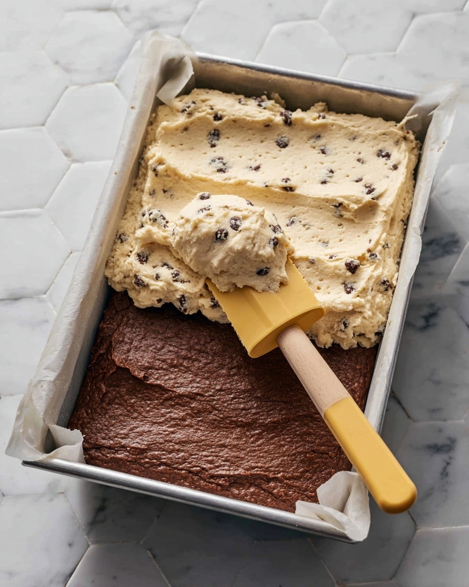 A rectangular metal baking pan lined with parchment paper holds two layers of dessert. The bottom layer is a smooth, rich dark brown brownie base spread evenly. On top, a thick, creamy cookie dough layer with visible small dark chocolate chips is being spread unevenly with a yellow spatula that has a wooden handle resting on the pan. The pan is placed on a white marbled surface with hexagonal pattern tiles show faintly in the background. photo taken with an iphone --ar 4:5 --v 7