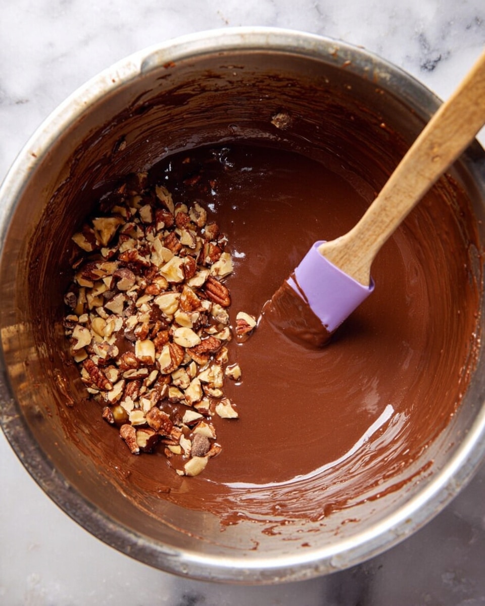 A large metal mixing bowl holds smooth, chocolate brown batter that fills about half the bowl. On the left side of the batter, there is a pile of small, uneven pieces of light and dark brown nuts. A wooden spatula with a purple silicone head is dipped into the batter on the right side, coated with the thick, glossy chocolate mixture. The bowl and batter sit on a white marbled surface, with some batter splattered on the inside rim of the bowl. photo taken with an iphone --ar 4:5 --v 7