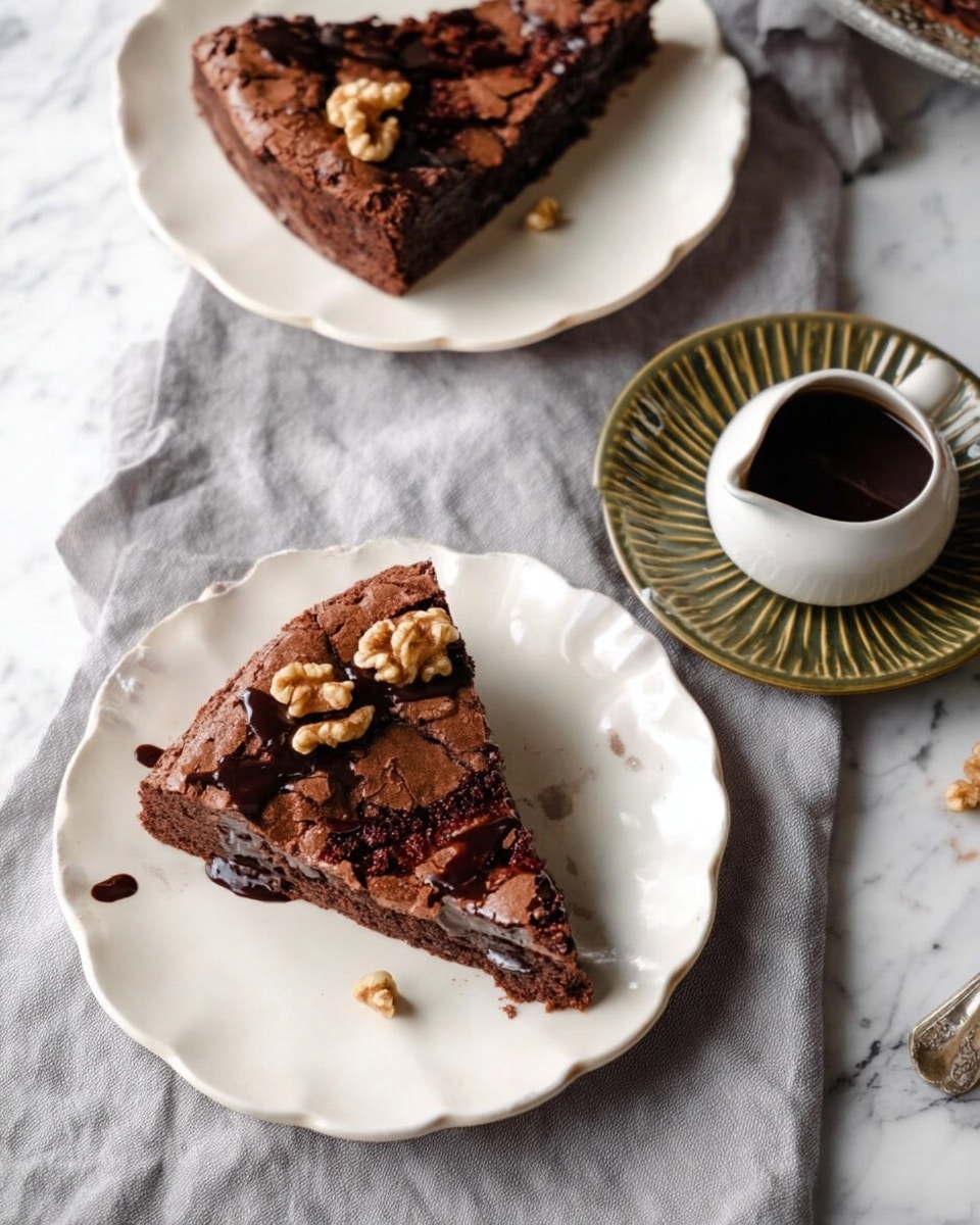 Two slices of chocolate cake sit on white scalloped plates placed on a soft gray cloth over a white marbled surface. Each slice shows a cracked, crunchy top layer with a rich dark brown color. One slice is plain, while the other is topped with a drizzle of dark chocolate sauce and pieces of walnuts scattered on top, adding texture. To the side, a small white pitcher with a dark chocolate sauce inside sits on a green-gold ridged plate, contrasting with the scene. The image has soft lighting with natural shadows, photo taken with an iphone --ar 4:5 --v 7