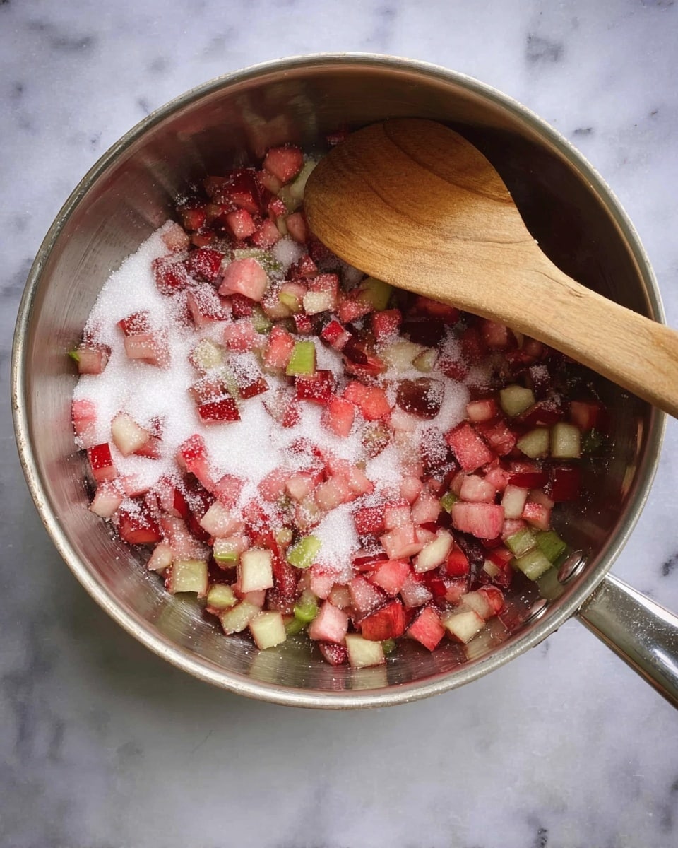 Inside a large shiny silver pot, there are many small chopped pieces of fruit or vegetable in shades of red, pink, and green scattered on top of white granulated sugar. A light wooden spoon with a smooth texture rests on top of the mix. The background surface is a white marbled texture. photo taken with an iphone --ar 4:5 --v 7