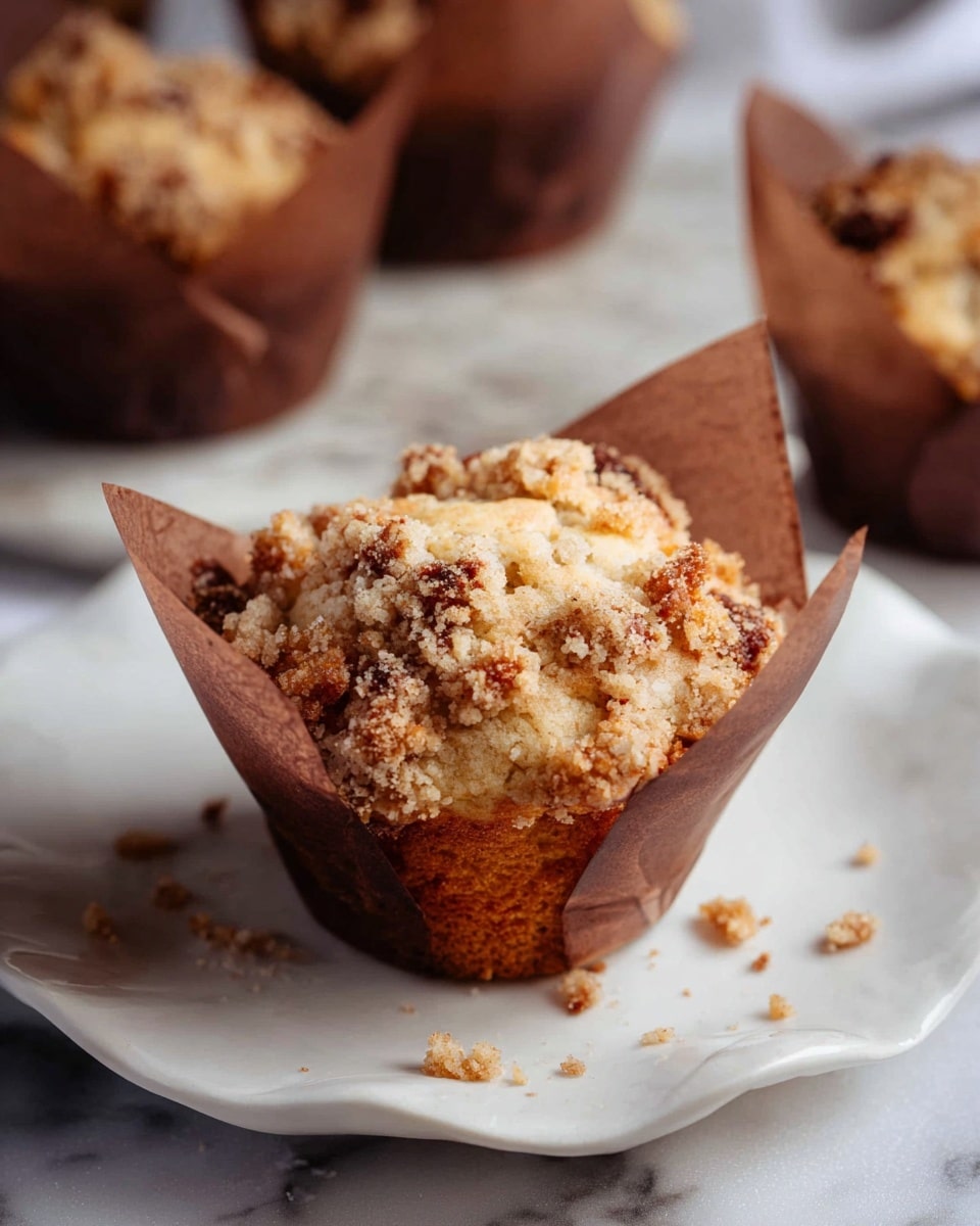 Nine muffins with crumbly, golden brown tops are placed on a round metal cooling rack on a grey cloth. Each muffin is in a dark brown paper wrapper shaped like petals folding upward around the soft, bumpy muffin. The crumb topping is uneven, with clusters of larger crisp bits and smaller crumbs, showing a mix of light beige and darker toasted colors. One muffin is set slightly apart on a white plate in the top right corner, and the whole scene sits on a white marbled surface. photo taken with an iphone --ar 4:5 --v 7