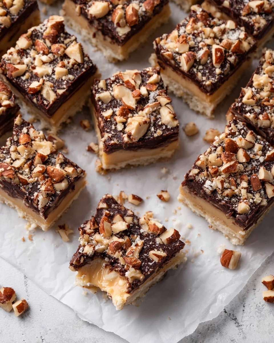 A close-up view of a flat metal tray filled with a homemade chocolate bark. The base layer is uneven, shiny dark brown melted chocolate spread across the tray with visible smooth and swirled textures. On top of the chocolate, there are many small, light brown pecan nut pieces scattered evenly over the surface. The tray is placed on a white marbled texture background. photo taken with an iphone --ar 4:5 --v 7