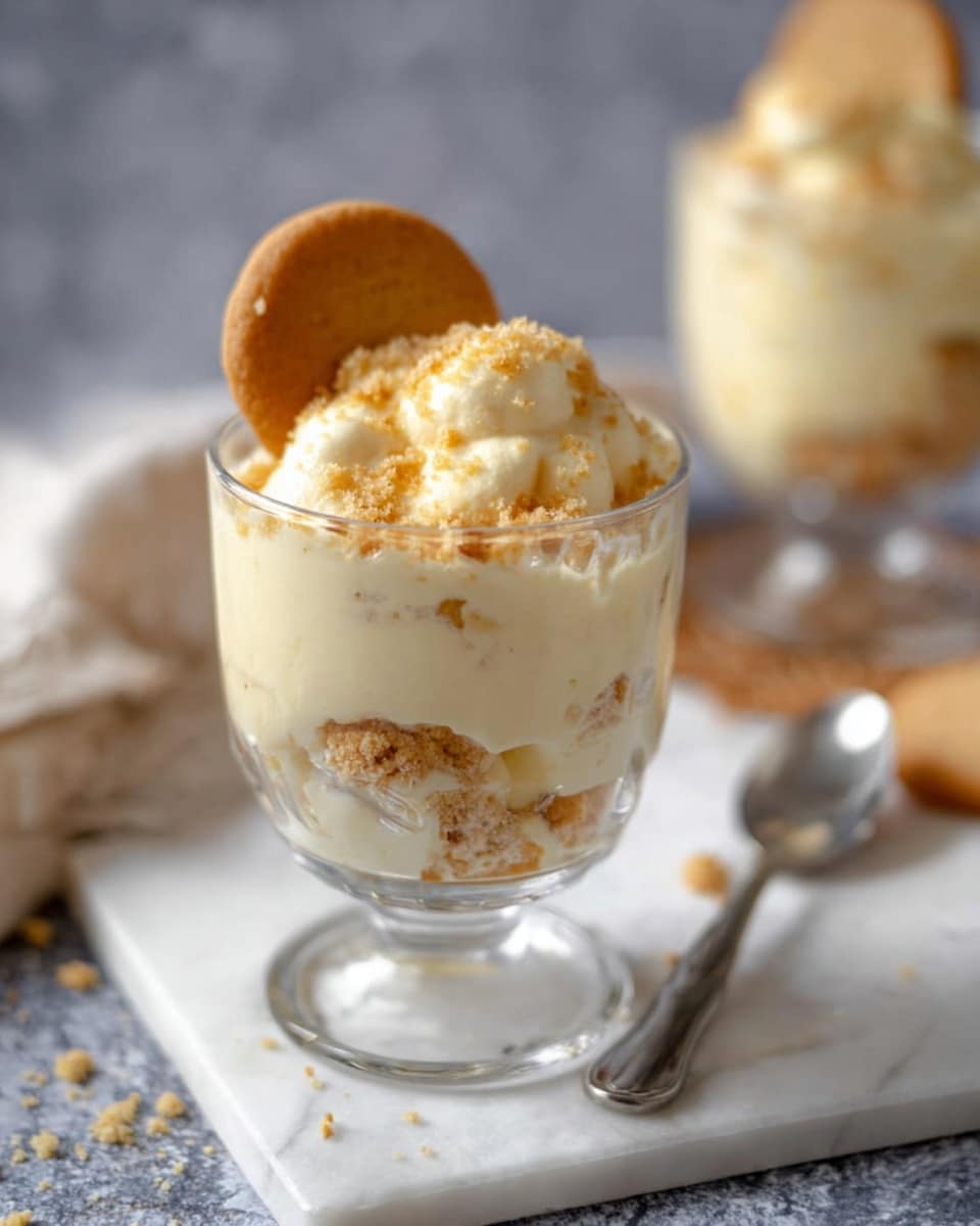 A clear glass holds a creamy dessert with three main layers: the bottom layer is light yellow with a smooth texture, the middle layer shows a mixture of crushed light brown crumbs embedded in creamy pale yellow filling, and the top layer is thick cream sprinkled with fine golden crumbs. Sitting on top is a round golden cookie standing upright. The glass is placed on a white marbled surface with a silver spoon in the background and a second glass of the same dessert reflected in a mirror behind it. photo taken with an iphone --ar 4:5 --v 7