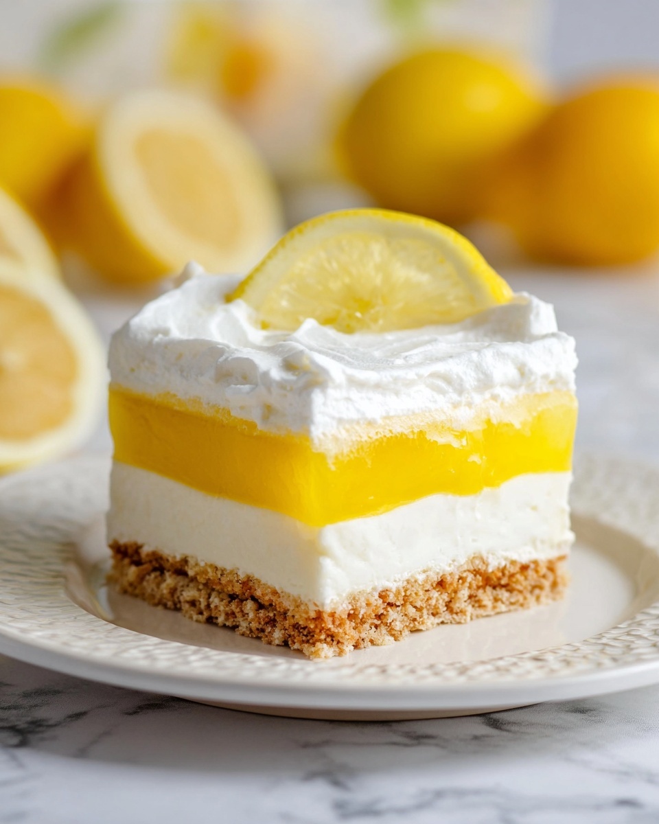 A square piece of dessert with four clear layers sits on a white plate with a textured rim. The bottom layer is crumbly and light brown, resembling a cookie or biscuit base. Above it is a thin, smooth white layer that looks creamy. The third layer is thick and bright yellow, with a jelly-like, smooth texture. The top layer is a thick, fluffy white cream with a light, airy look. On top, there is a small, thin slice of lemon placed slightly off-center. The background is a white marbled surface with blurry whole and sliced lemons, adding a fresh touch to the scene. Photo taken with an iphone --ar 4:5 --v 7
