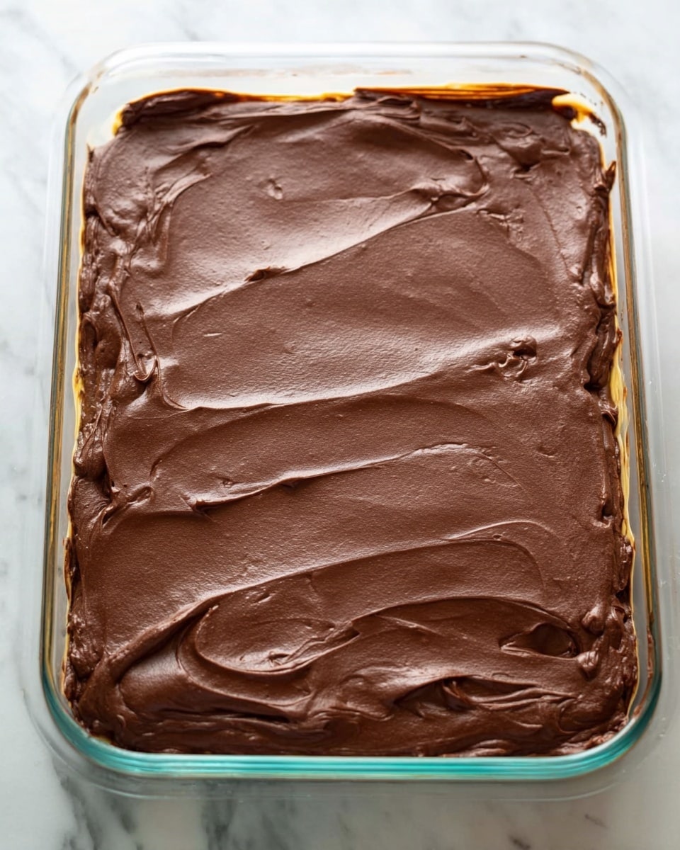 A rectangular glass dish filled with a smooth, thick layer of chocolate frosting that covers the entire surface evenly. The chocolate layer has a rich, dark brown color with a creamy texture, showing some gentle swirls and spread marks. The edges of the dish reveal a hint of a lighter base layer beneath the chocolate frosting. The dish is set on a white marbled surface. Photo taken with an iphone --ar 4:5 --v 7